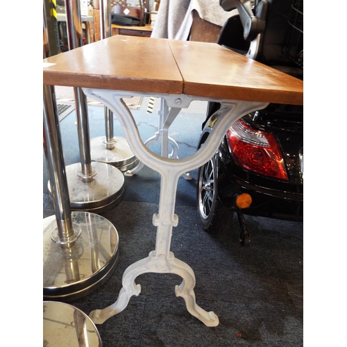 177 - A rectangular iron base garden table with a planked wooden top