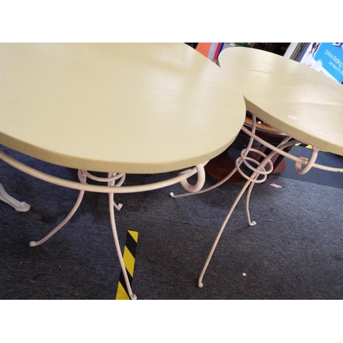 178 - A pair of vintage patio garden tables with iron bases and painted tops