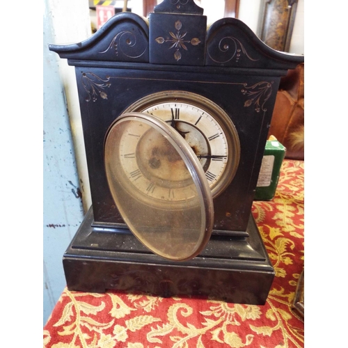 199 - A Victorian slate mantel clock the dial having Roman numerals eight day movement for restoration