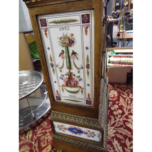 191 - A 19thC Bourdin of Paris gilt bronze mantel clock having porcelain panel decorated with flowers, fru... 