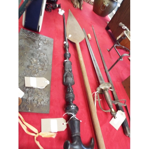 227 - An African wooden spear together with a tribal mace