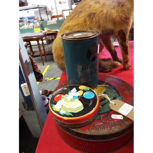 231 - Three advertising tins - Macintosh's Carnival, Cow and Gate and Thornes Toffees