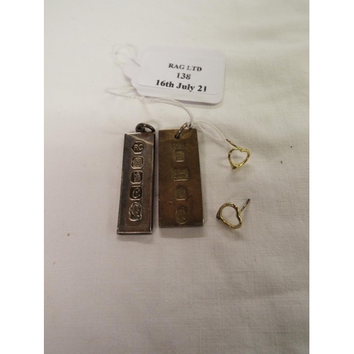 138 - Two silver ingots and a pair of earrings 1.24g