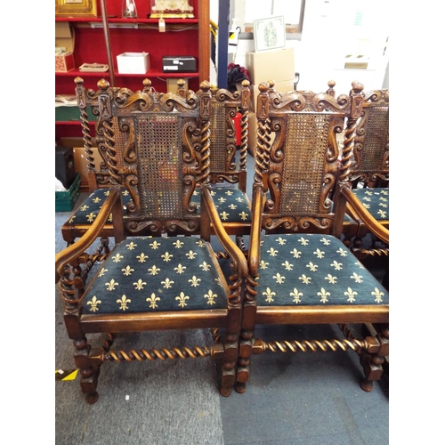 551 - A set of six Jacobean carved oak dining chairs having scrolled and barley twist supports, bergere ba... 