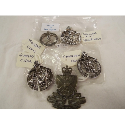 118 - A group of four Scottish clan badges and a Edinburgh University training corps badge