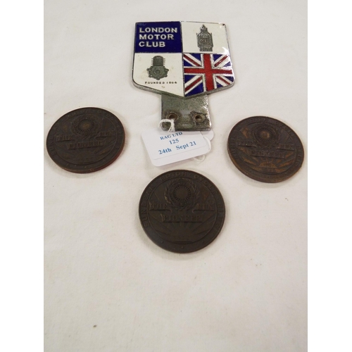 125 - A vintage London Motor Club enamel car badge together with three Sunbeam Motorcycle Club medallions