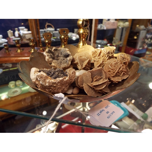 99 - Five crystallised desert rose, pebbles and stones in a brass dish