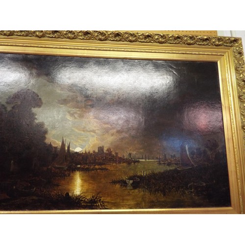 227 - A large oil on canvas English School Norfolk Broads at night the waterway with boats and shoreline w... 