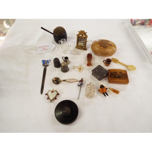 188 - A mixed selection to include saucepan pin cushion, treen wax pot, Mauchline-ware stamp box, silver p... 