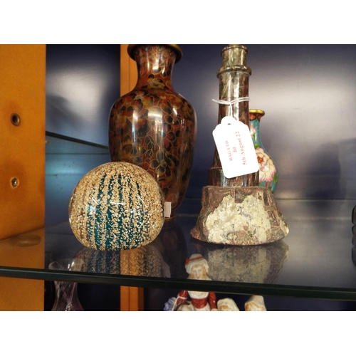 50 - A serpentine stone lighthouse together with a glass Scottish paperweight and two cloisonné vases