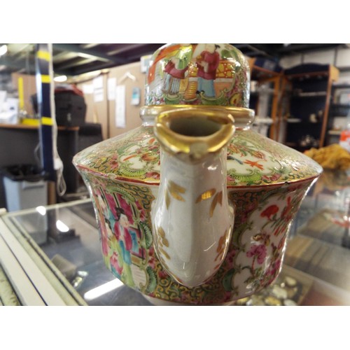 4 - Two Chinese famille rose tea-pots two lidded containers and a pin dish