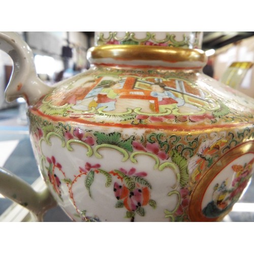 4 - Two Chinese famille rose tea-pots two lidded containers and a pin dish