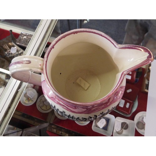 30 - A mid-19thC Sunderland Lustre-ware jug with Masonic pictorial panel and verse