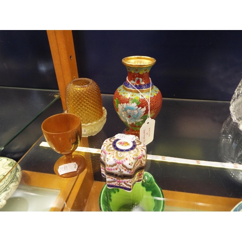 37 - A Clarkes fairy pyramid glass nightlight together with a Mauchline wooden egg cup, a cloisonné vase ... 