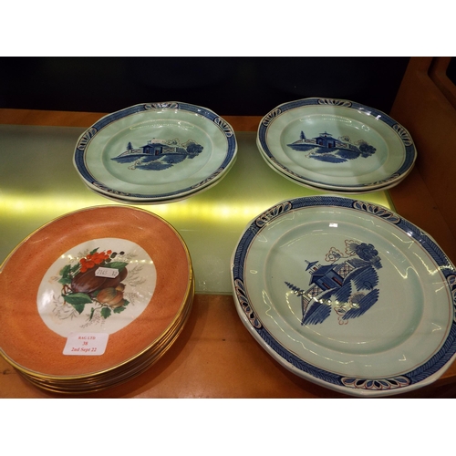 38 - A set of six Adams of Tunstall blue plates 'Old Free Hand' and a set of six Ridgway fruit decorated ... 