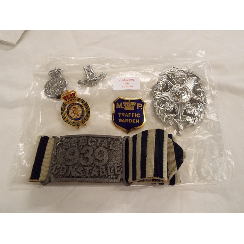 93 - A mixed selection of police badges and armbands to include 'Special 939 Constable'