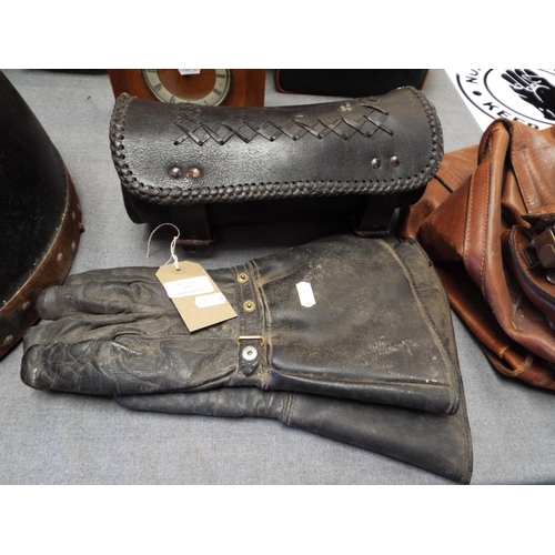 239 - A pair of vintage leather motorcycle gloves and leather tube bag