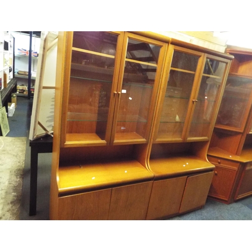 517 - Two retro mid-century Remploy teak glass display cabinets with cupboards under