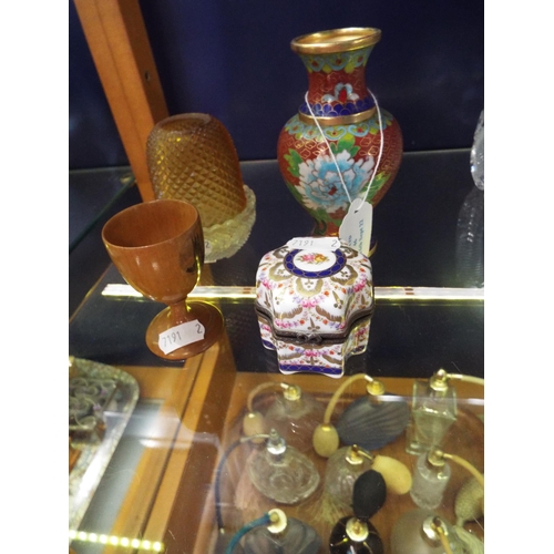 46 - A Clarkes fairy pyramid glass nightlight together with a Mauchline wooden egg cup, a cloisonné vase ... 