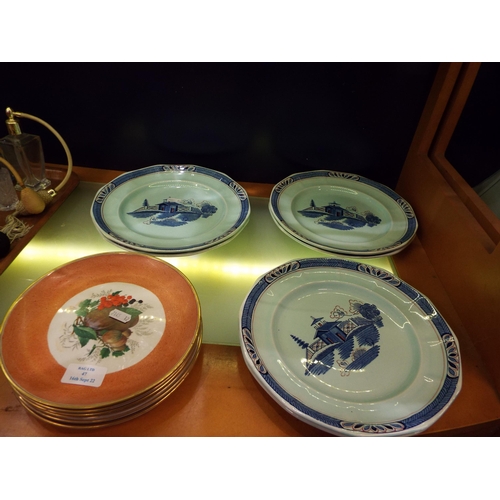 47 - A set of six Adams of Tunstall blue plates 'Old Free Hand' and a set of six Ridgway fruit decorated ... 