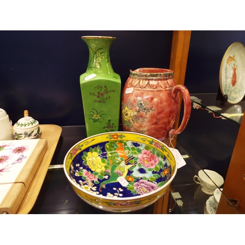 32 - An Arthur Wood china pink glazed jug with floral decoration together with a Japanese china bowl and ... 