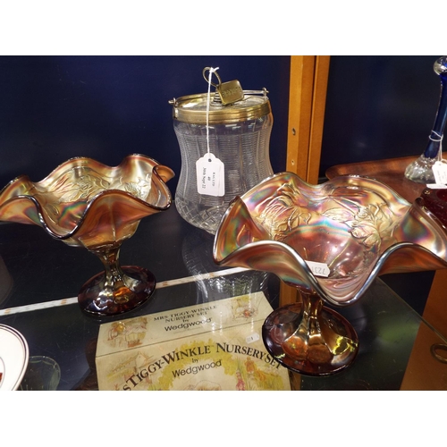 40 - A pair of carnival glass bowls with rose decoration together with a cut glass Victorian biscuit barr... 