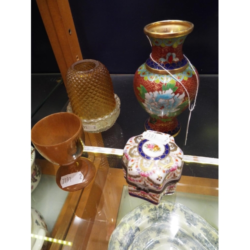 46 - A Clarkes fairy pyramid glass nightlight together with a Mauchline wooden egg cup, a cloisonné vase ... 