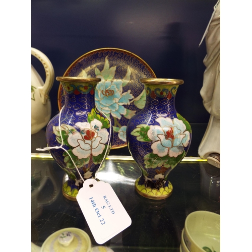 5 - A pair of blue cloisonné vases and a cloisonné round plate