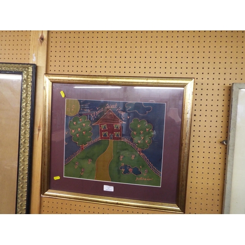 358 - A signed hand painted chiffon silk picture 'Home Sweet Home' in gilt frame by Justine A Lewis