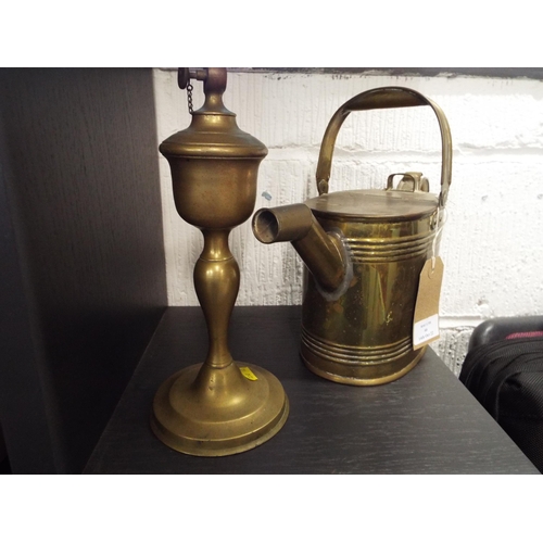 66 - A brass Victorian watering can together with a brass lamp