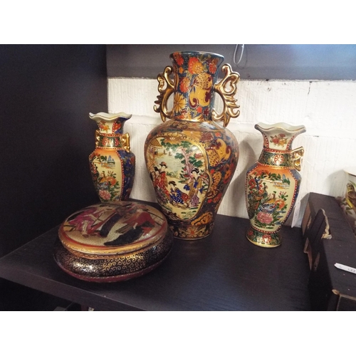 68 - Three Oriental twin handled vases having pictorial scenes together with a lidded pot, one vase A/F