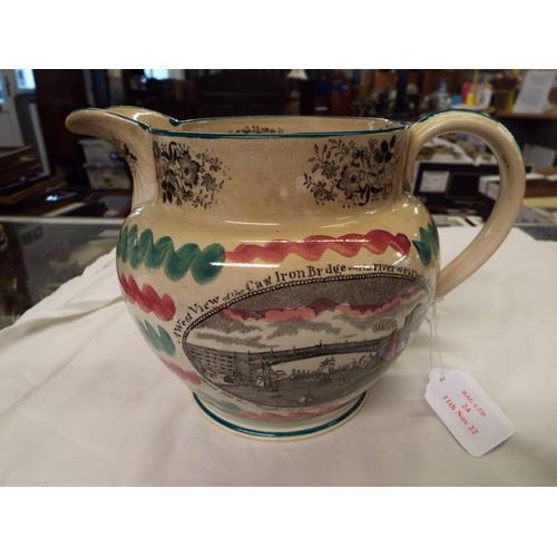 24 - A Sunderland glazed jug commemorating the new bridge, a view of the cast iron bridge and reverse vie... 