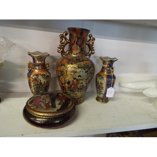 387 - Three Oriental twin handled vases having pictorial scenes together with a lidded pot, one vase A/F