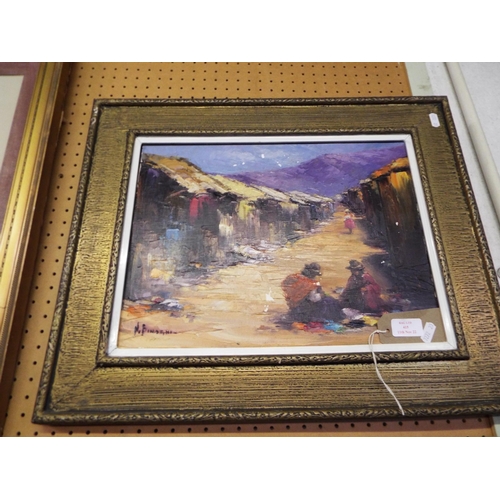 415 - An oil on canvas of figures, huts, mountain etc signed M. Binaghi