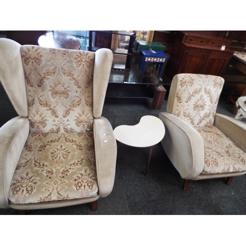 585 - Two 1950's His and Hers vintage armchairs re-upholstered and a kidney shaped side table