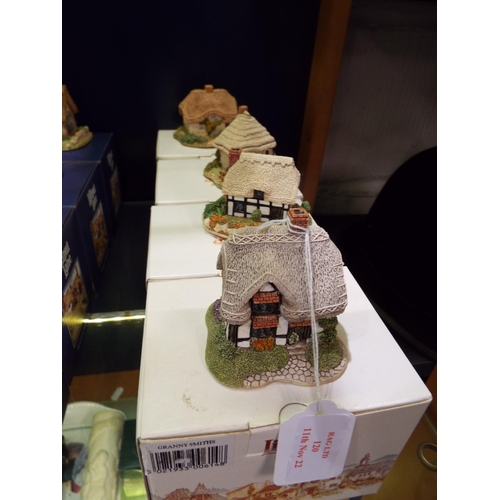 120 - Four Lilliput Lane cottages 'Clover Cottage', 'Robins Gate', 'Riverview' and 'Granny Smiths' all wit... 