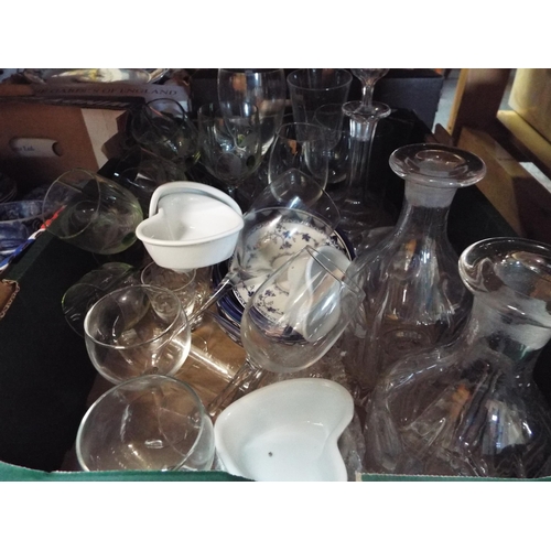 343 - A box of assorted glass ware to include three decanters