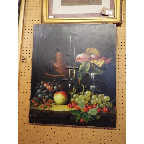 418 - A Frederick Victor Bailey oil on canvas still life depicting fruit and flagon, signed lower left