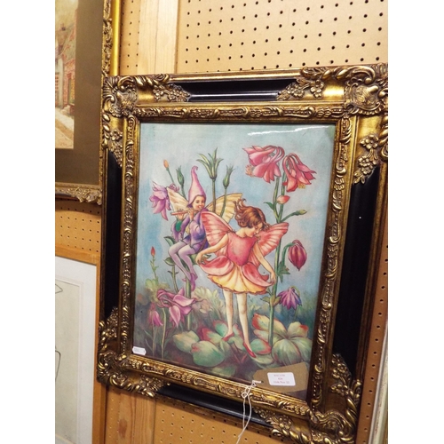 424 - A Flower Fairy porcelain tile set in gilt and black frame