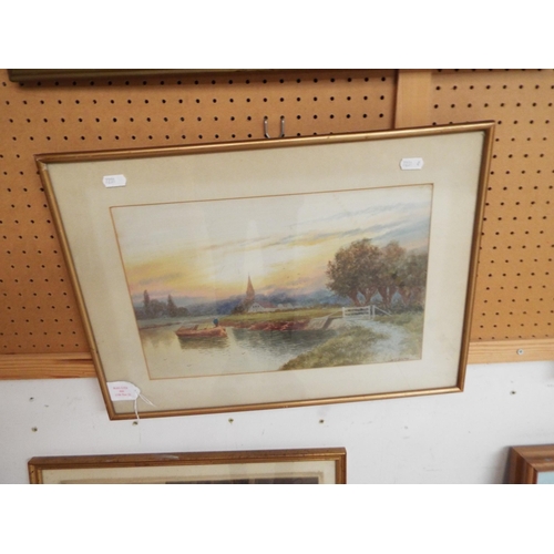 444 - A framed watercolour of a river scene, barge etc