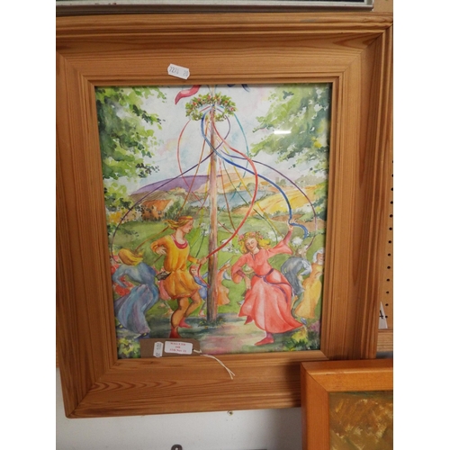 448 - A watercolour 'Dancing Around the Maypole' in pine frame