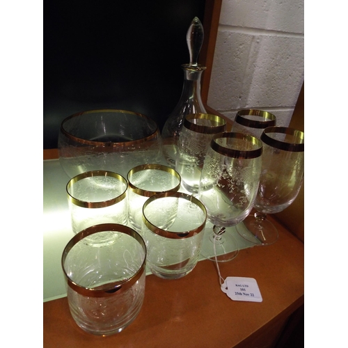 101 - An etched and gilt lemonade set and fruit bowl