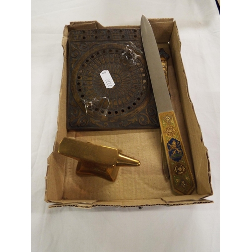 154 - A small brass sun dial together with two letter openers and a small brass blacksmiths anvil (Gretna ... 