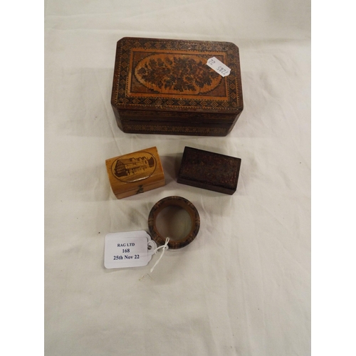 168 - A Tunbridge ware trinket box, napkin ring, stamp box A/F and a Mauchline ware box