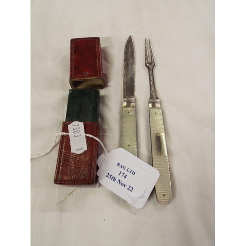 174 - A silver and mother of pearl fruit knife and similar fork in leather box