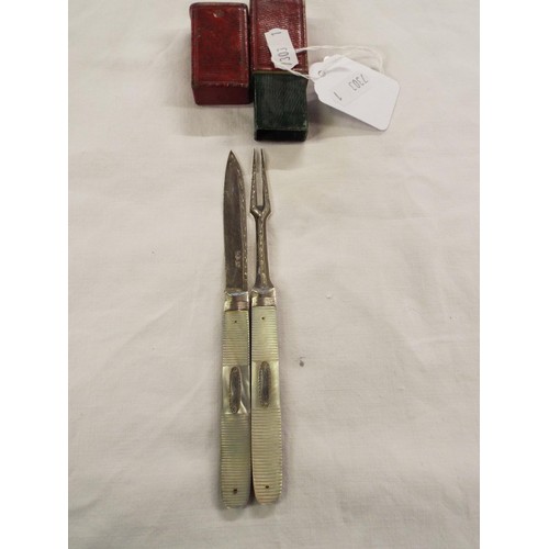 174 - A silver and mother of pearl fruit knife and similar fork in leather box