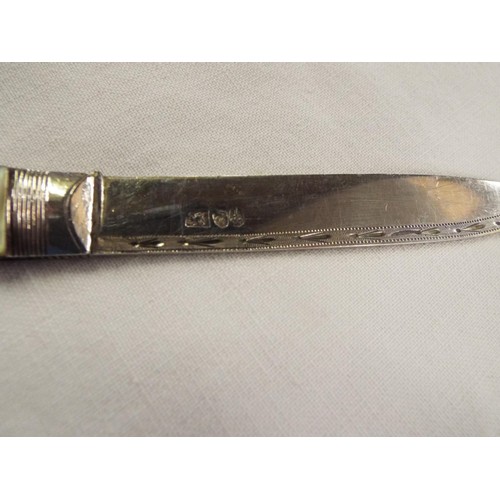 174 - A silver and mother of pearl fruit knife and similar fork in leather box