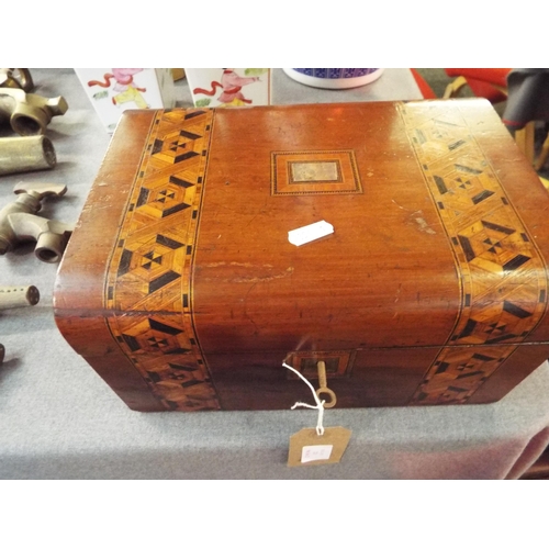 223 - A Victorian wooden sewing box with Tunbridge-ware inlay