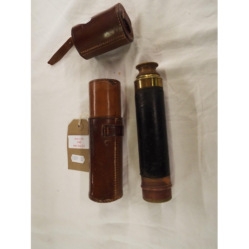 140 - A leather cased three sleeved brass telescope