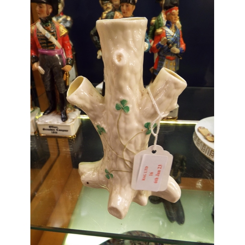 16 - A Belleek tree bark bud vase with Shamrock decoration